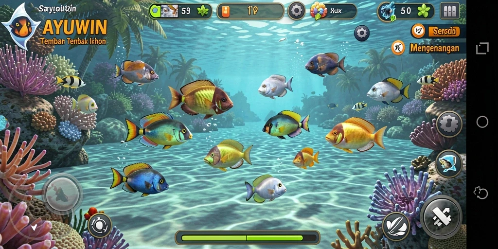 Tampilan gameplay AYUWIN yang penuh aksi dalam berburu ikan.