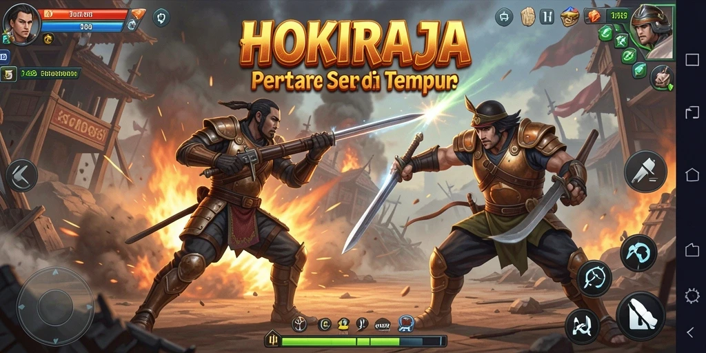 Tangkapan layar HOKIRAJA menampilkan karakter bertarung dalam pertarungan epik.